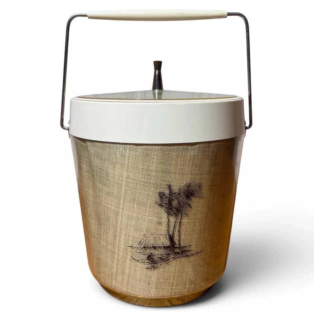 VTG Faux Rattan Ice Bucket Palm Tree Tiki Scene Mid Century Barware  Retro